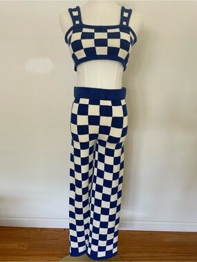 NWOT Belle The Label Knit Checkered Top & Trousers Cobalt Cream Cotton Large